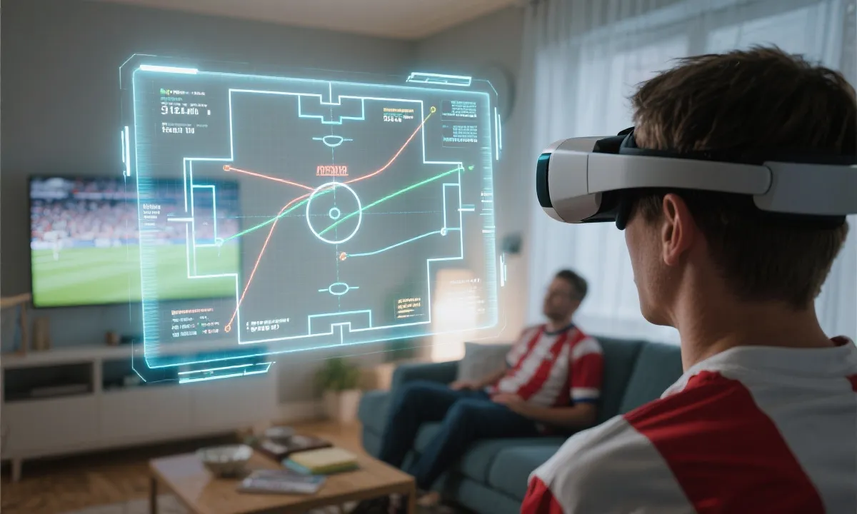 球迷通过AR眼镜观看2026世界杯，多层战术与数据叠加在真实画面上