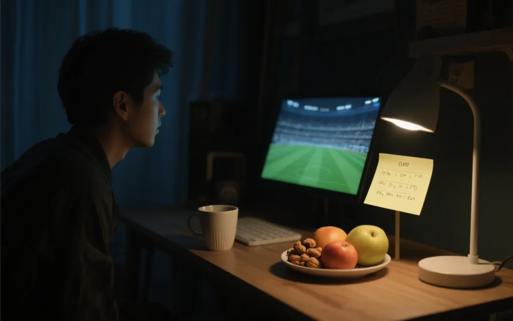 深夜观赛的桌面布置：温水、健康零食、柔和灯光与时间规划手写便签