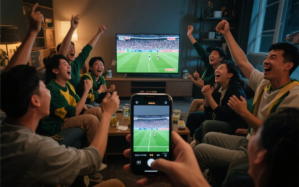多人聚会投屏观赛，手机作为控制端与大屏同步的客厅场景